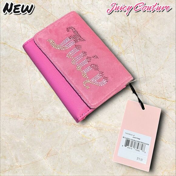 New NWT Juicy Couture “Juicy” Pink Velour & Faux Leather Trifold Wallet - Picture 3 of 6